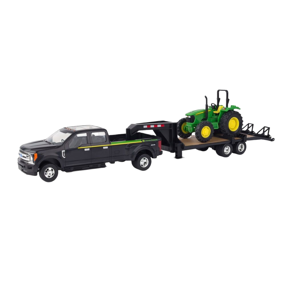 Black pickup truck towing flatbed trailer carrying green tractor toy in 1/32 scale model set