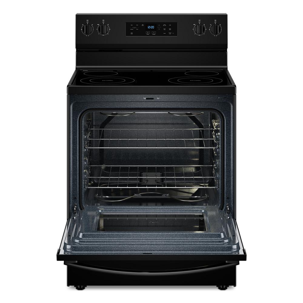 Black electric range with open oven door showing spacious interior and multiple wire racks for cooking and baking tasks