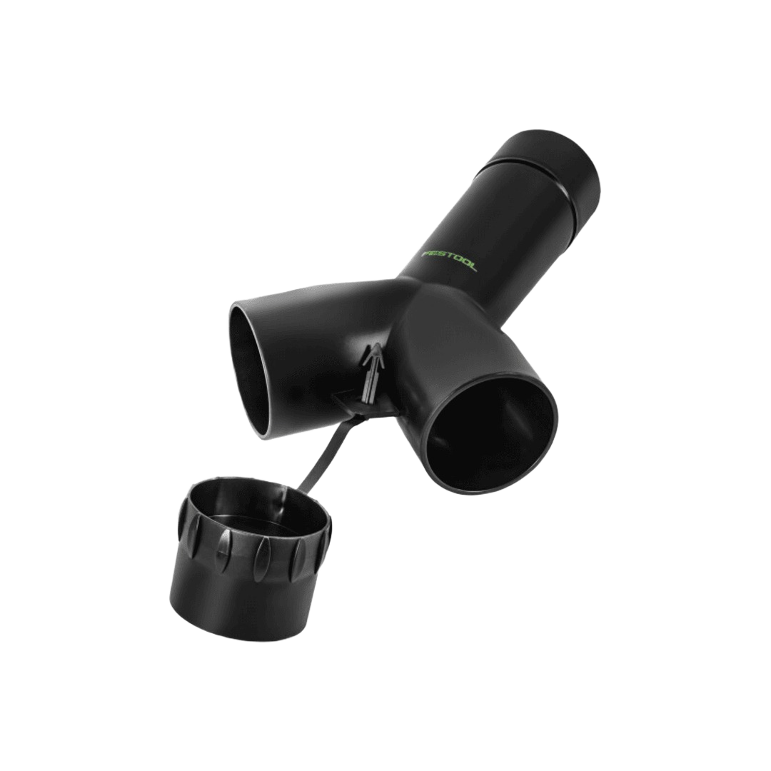 Black plastic anti-static Y-adapter with blanking plug for dust collectors in woodworking tools and home improvement