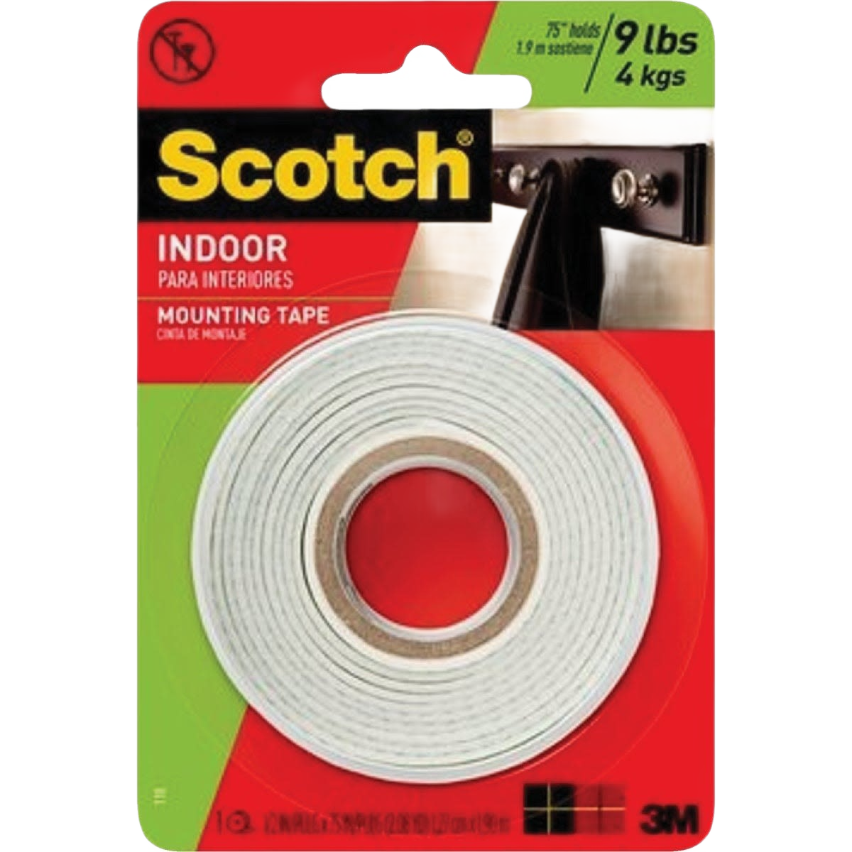 White indoor double-sided mounting tape roll in packaging with weight capacity info for tools and home improvement use