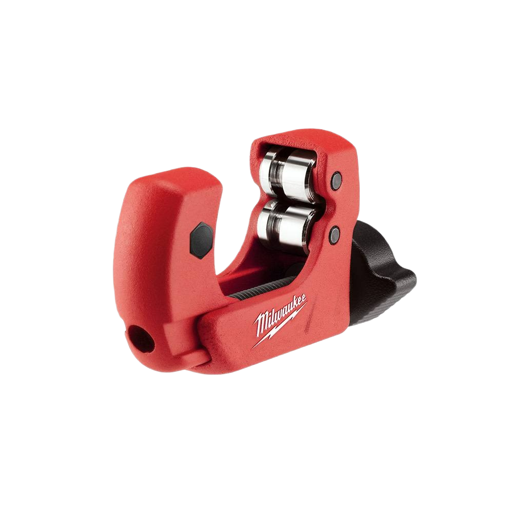 Compact red mini tubing cutter with ergonomic design and steel cutting wheels for precision copper pipe cutting