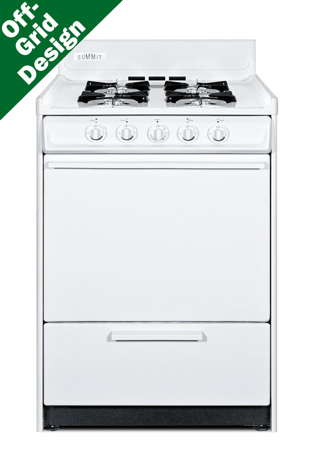 Compact white propane gas range with four burners and battery start, ideal for off-grid kitchens and home improvement collections