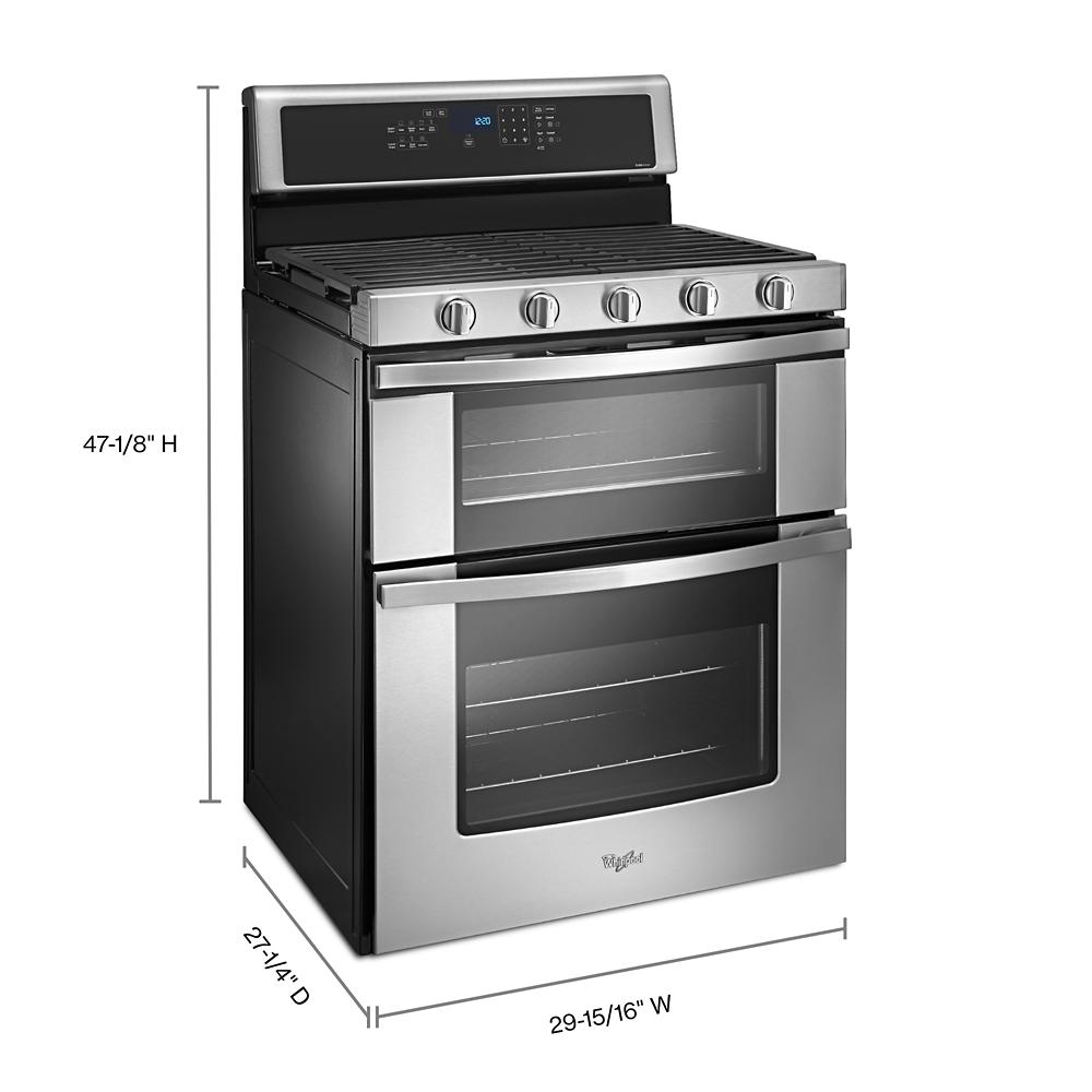 Stainless steel gas range with double ovens, five burner cooktop, EZ-2-Lift™ hinged grates, and digital controls from Ranges collection