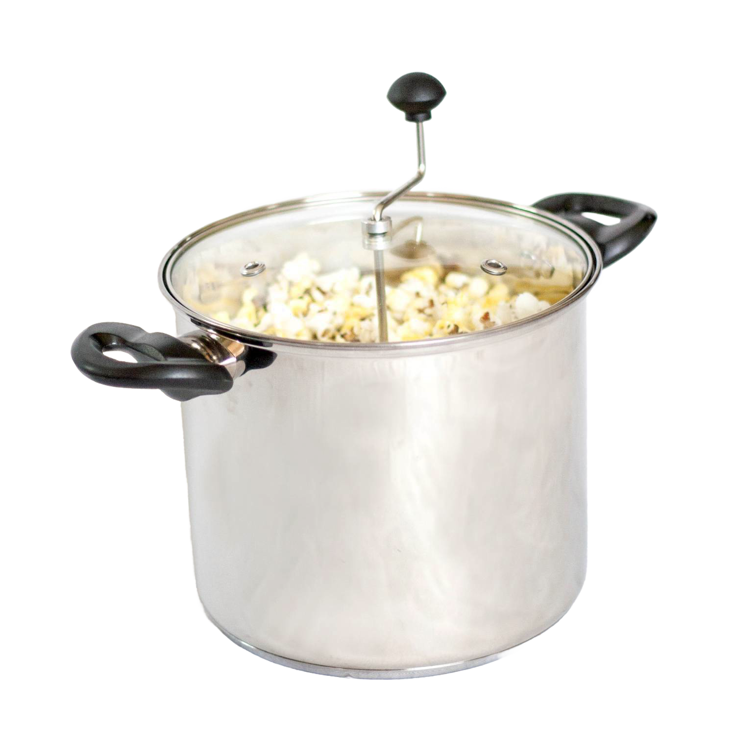 Stainless steel popcorn popper with clear lid, crank stirrer, and black handles for home kitchen appliances collection