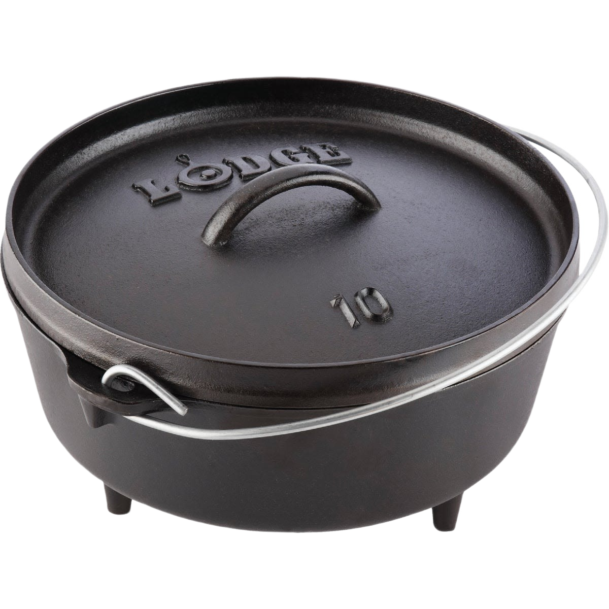 Black cast iron camp Dutch oven with built-in legs, lid handle, and metal bail handle in Kitchenware under $100 collections