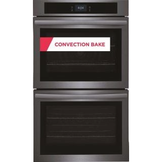 Double electric wall oven with fan convection and digital touch controls, suited for multitask cooking in modern kitchens