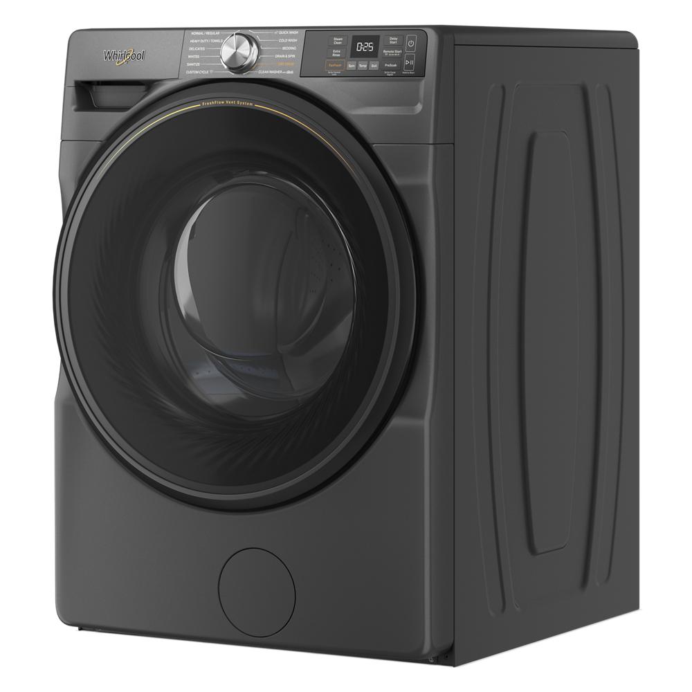 Matte black 4.5 cu. ft. front load washer with digital controls and FreshFlow™ vent system in modern appliance design