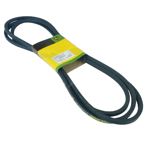 Black rubber V-belt with John Deere branded packaging for mower deck drive replacement in tools and home improvement