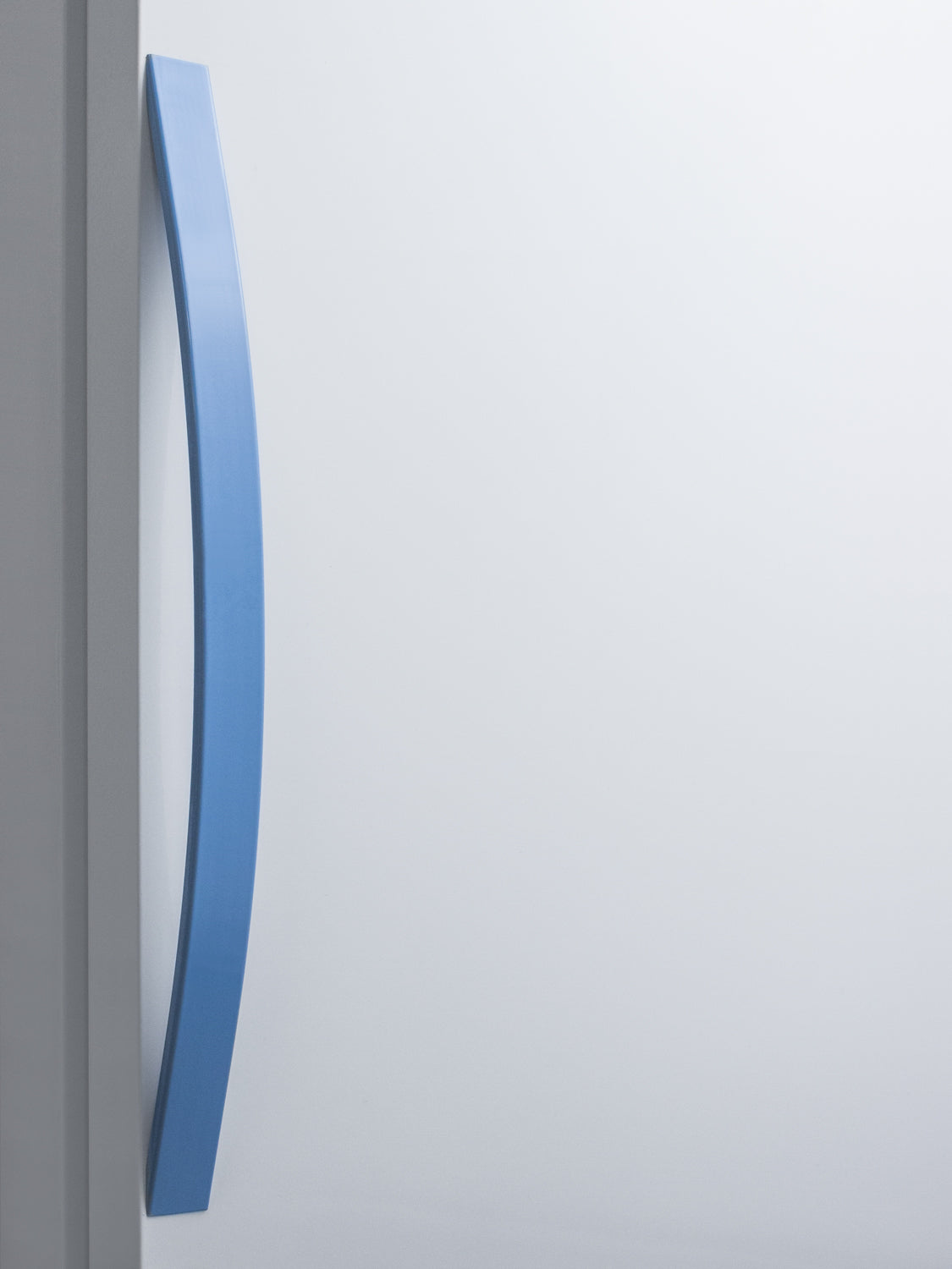 Close-up of white vaccine refrigerator door with ergonomic blue handle from appliances collection