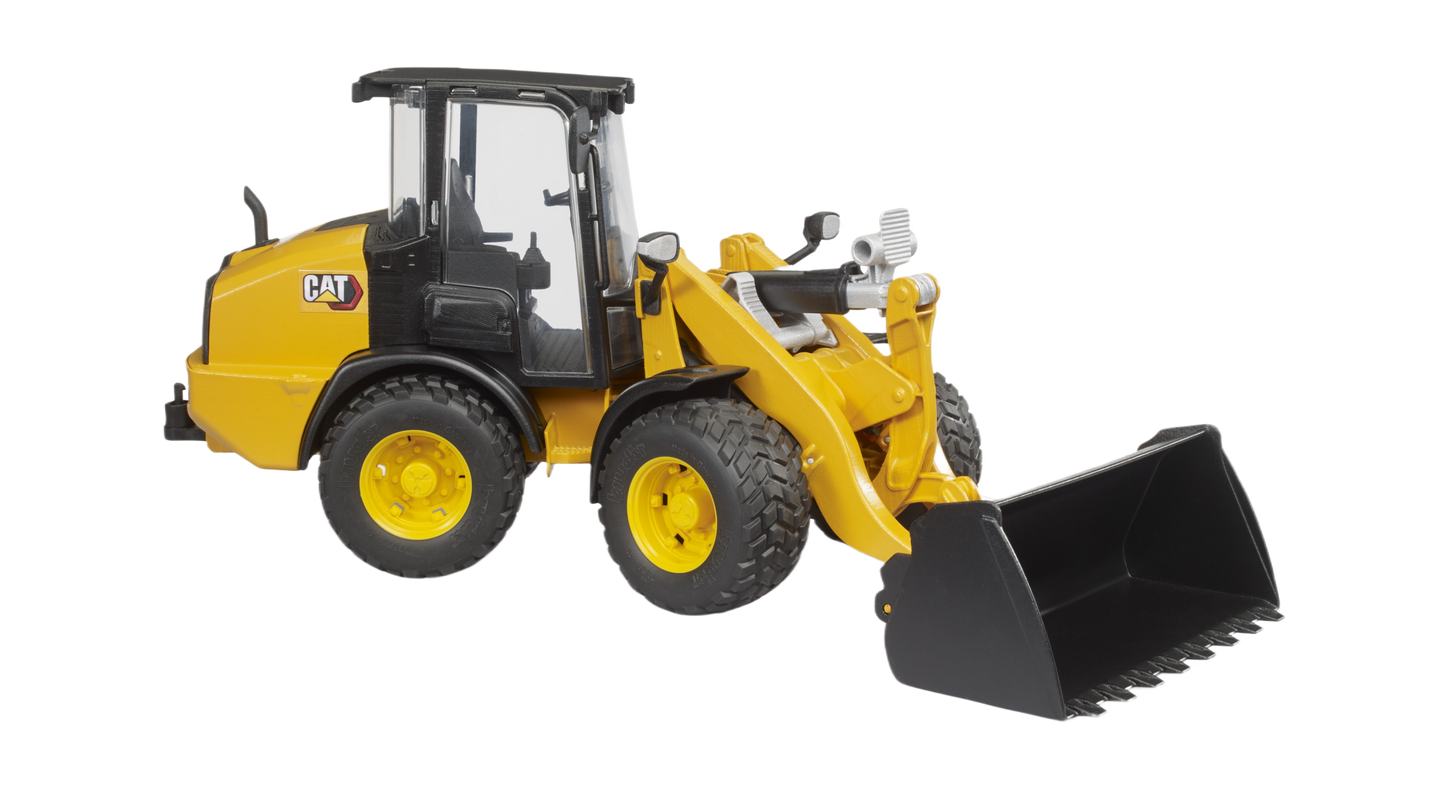 Yellow and black toy wheel loader model designed for construction play and educational purposes in tools and home improvement context