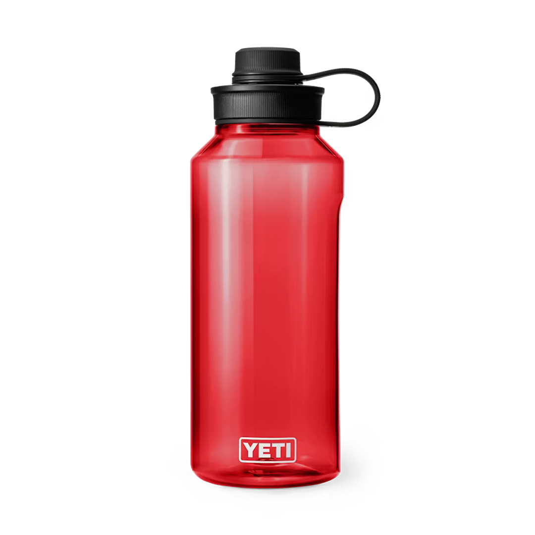 Red 1.5L water bottle with black tether cap, durable drinkware for kitchen, outdoor use, and everyday hydration needs