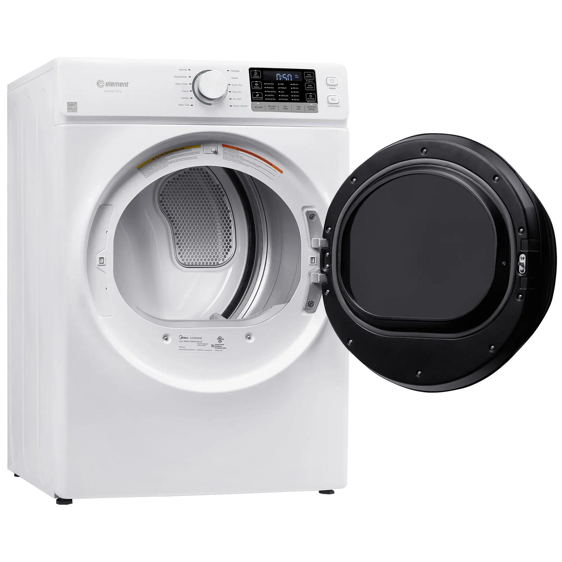 White front load gas dryer with open door showing interior drum and digital control panel in home appliance collection