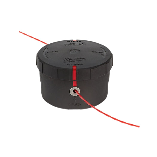 Black cylindrical trimmer head with red nylon cutting line for garden tools and home improvement projects