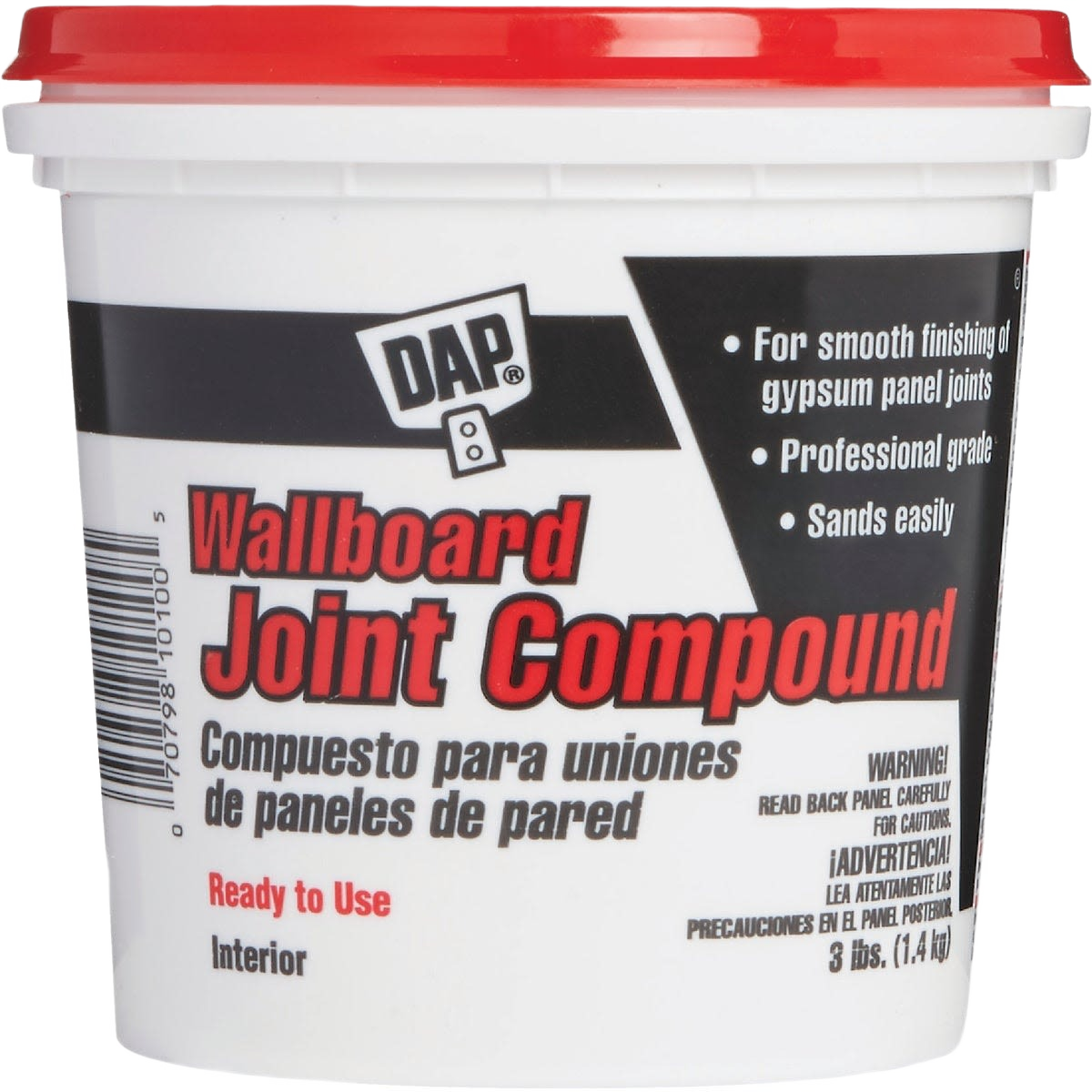 White pre-mixed latex compound for drywall joint finishing in a 3-pound container with red lid for home improvement
