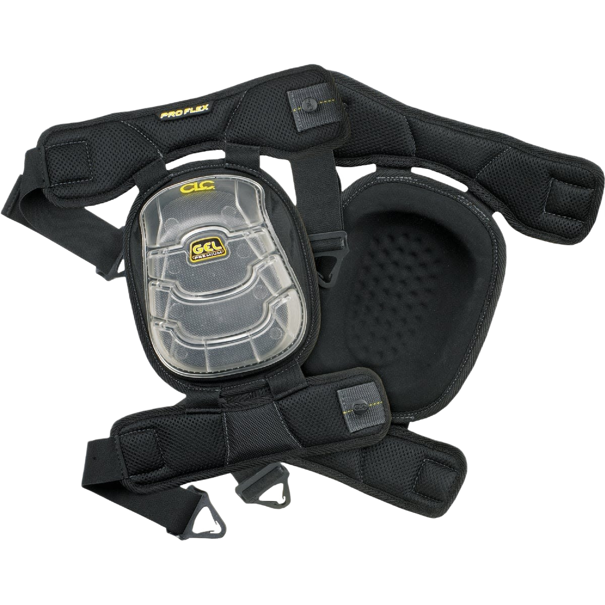 Black articulated knee pads with gel cushioning and adjustable straps for safety and home improvement collections under $100