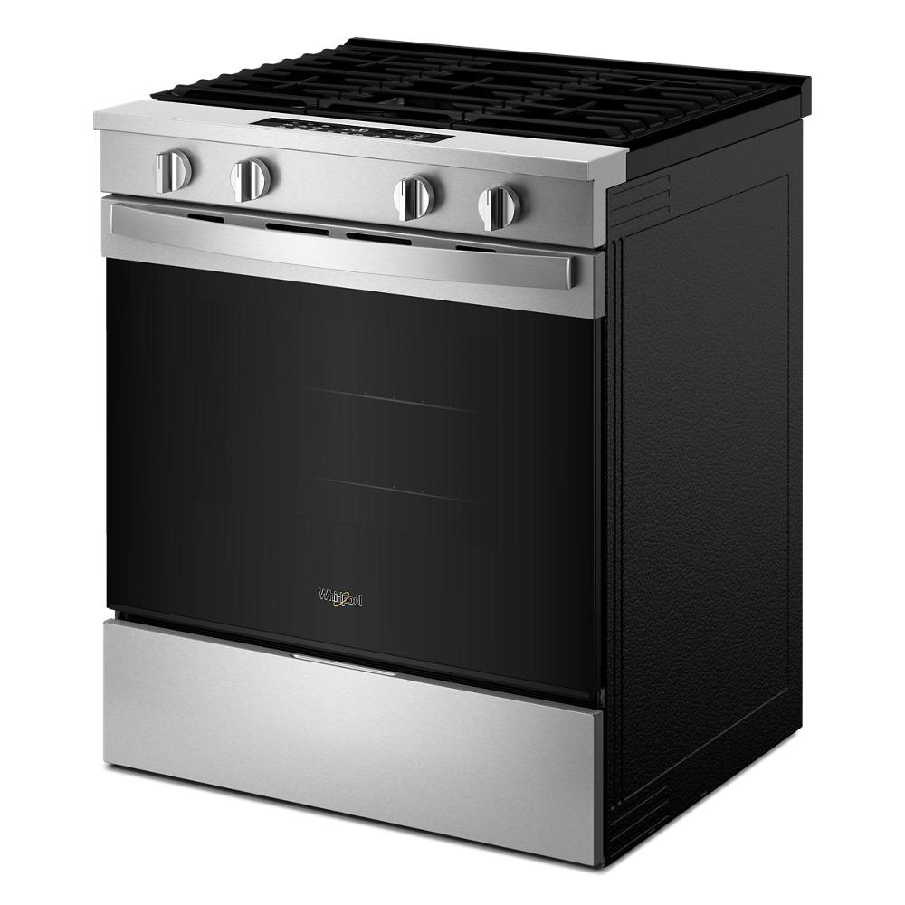 Angled view of a stainless steel and black 30-inch gas smart range with four control knobs and a large oven door, ideal for ranges, gas ranges, kitchen & kitchenware, and appliances collections.