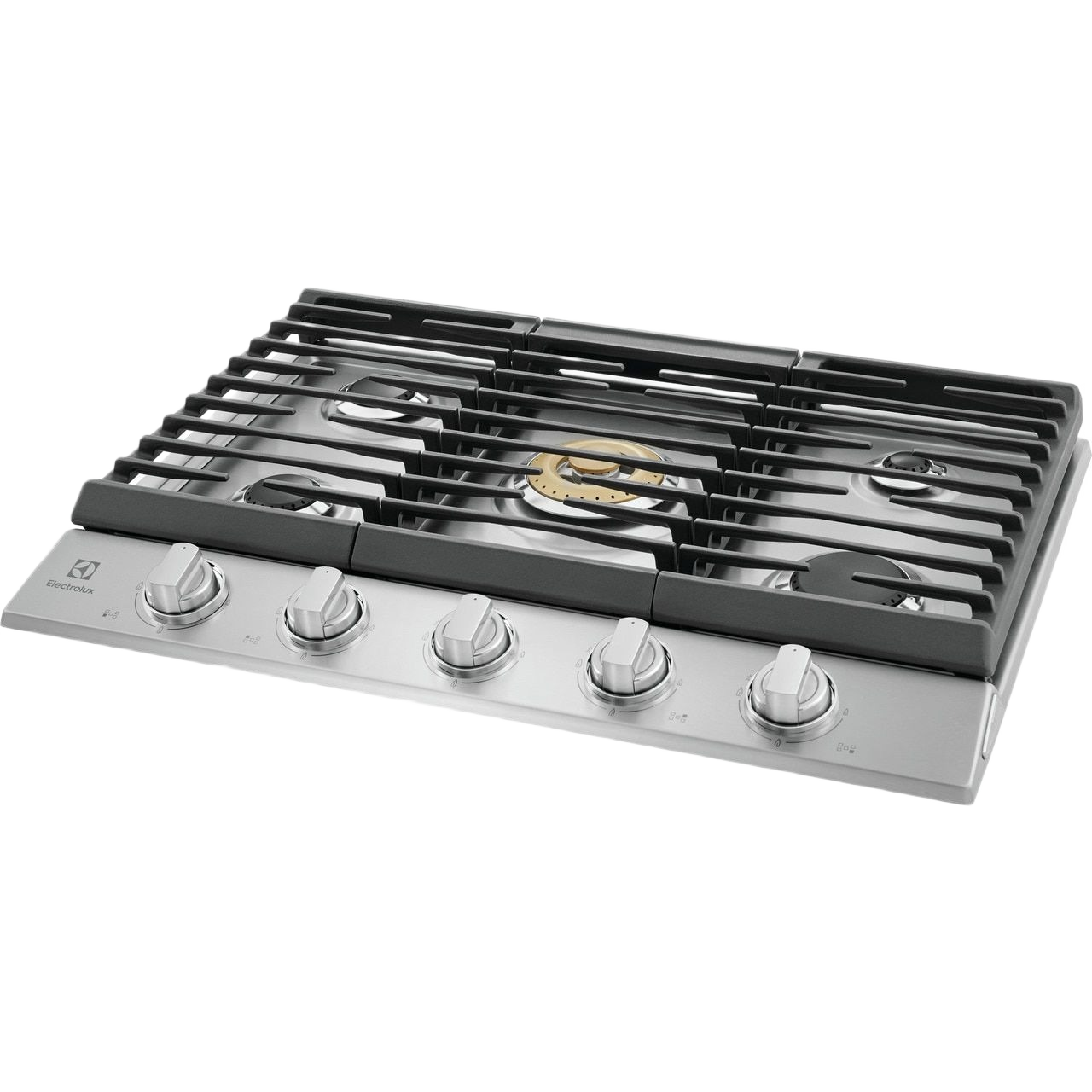 30-inch stainless steel gas cooktop with five burners including brass power burner and control knobs from kitchen appliances