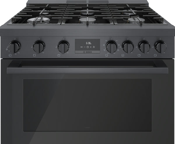 Black stainless steel dual fuel freestanding range with six knobs, six burners, and digital display in modern kitchenware collection