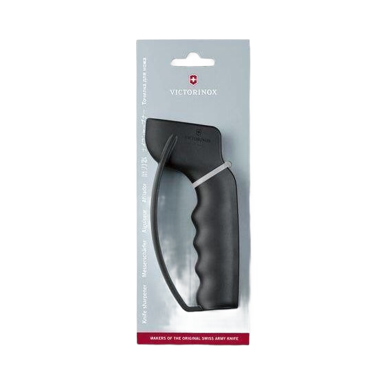 Black handheld knife sharpener with ergonomic grip designed for home improvement and kitchen tool care