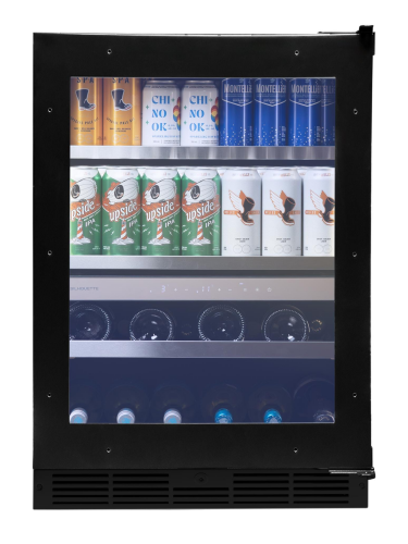 Built-in 24-inch beverage center with glass door showing cans and wine bottles in kitchen appliances collection