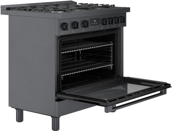 Open black stainless steel dual fuel range with porcelain-enameled interior and adjustable metal racks in modern kitchenware collection