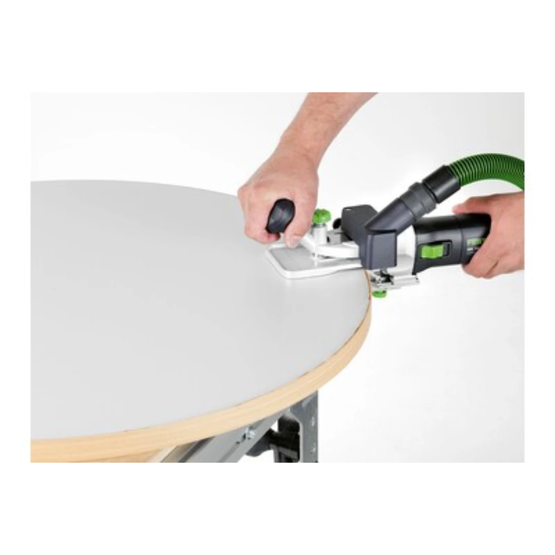 Person using Festool tool with 1.5 degree horizontal base smoothing edge on curved wood in woodworking tool accessories
