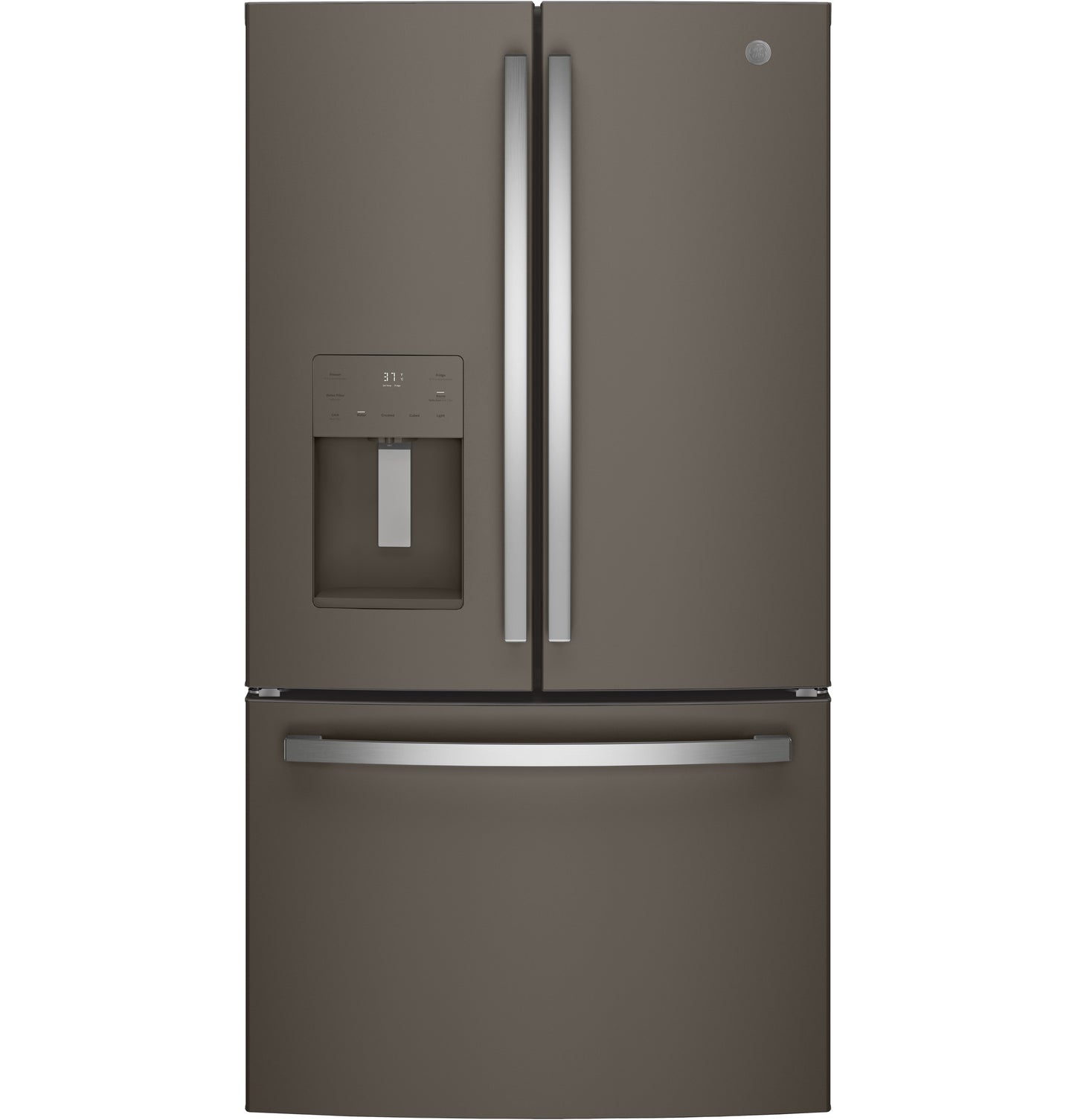 French door refrigerator in slate finish with bottom freezer drawer and external water dispenser in kitchen appliance collection
