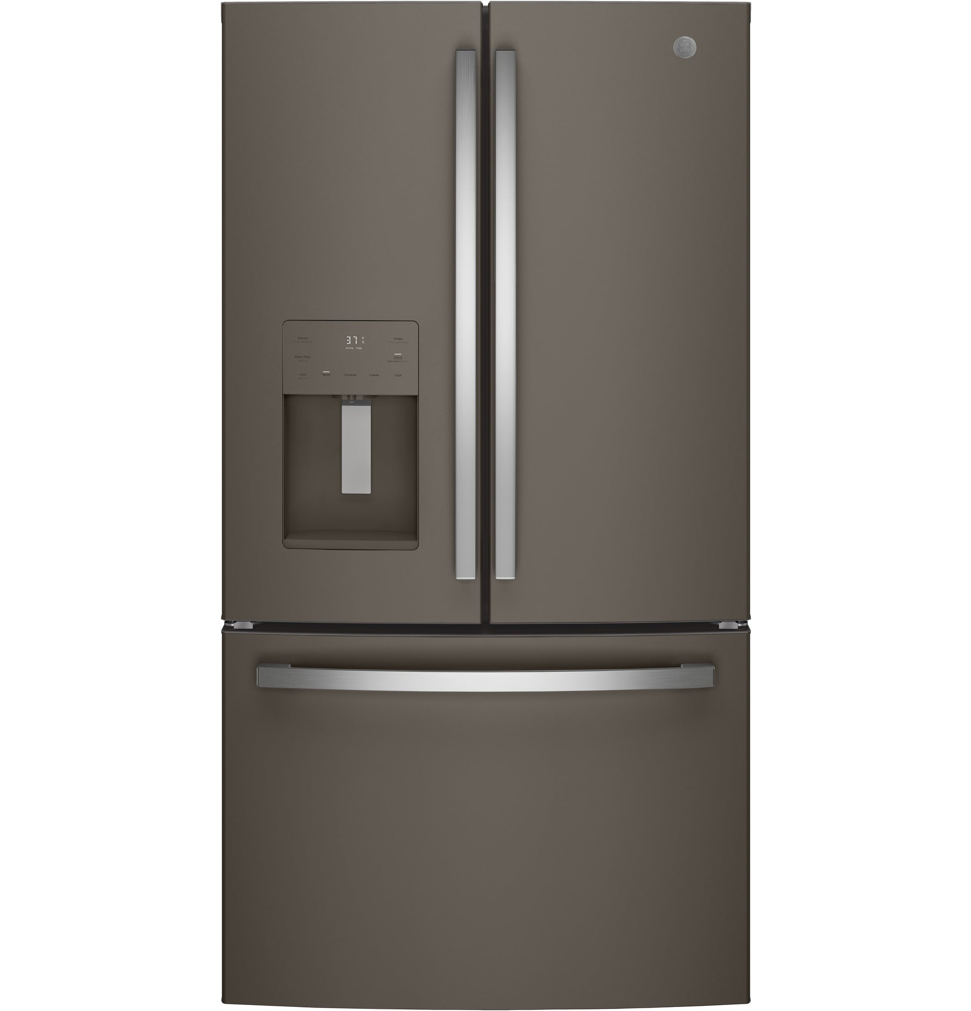 French door refrigerator in slate finish with bottom freezer drawer and external water dispenser in kitchen appliance collection