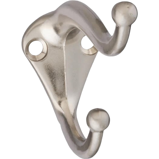 Satin nickel double hook for coats and hats in closet hardware and storage organization collections