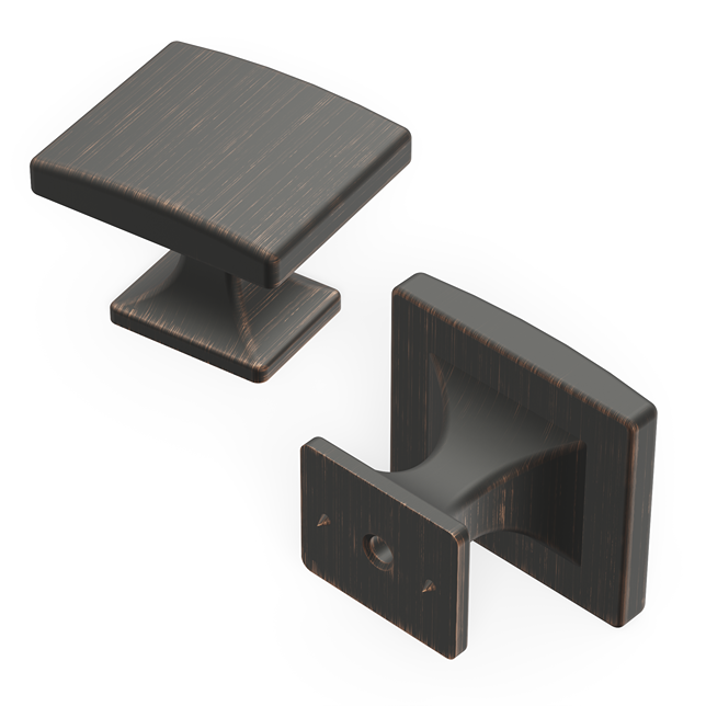 Pair of square-shaped vintage bronze cabinet knobs with subtle textured finish for home improvement projects