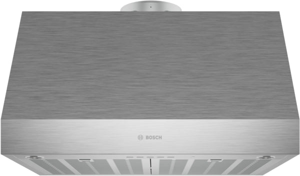 Brushed stainless steel undercabinet range hood with angled vent cover, part of Bosch kitchen and appliance collections