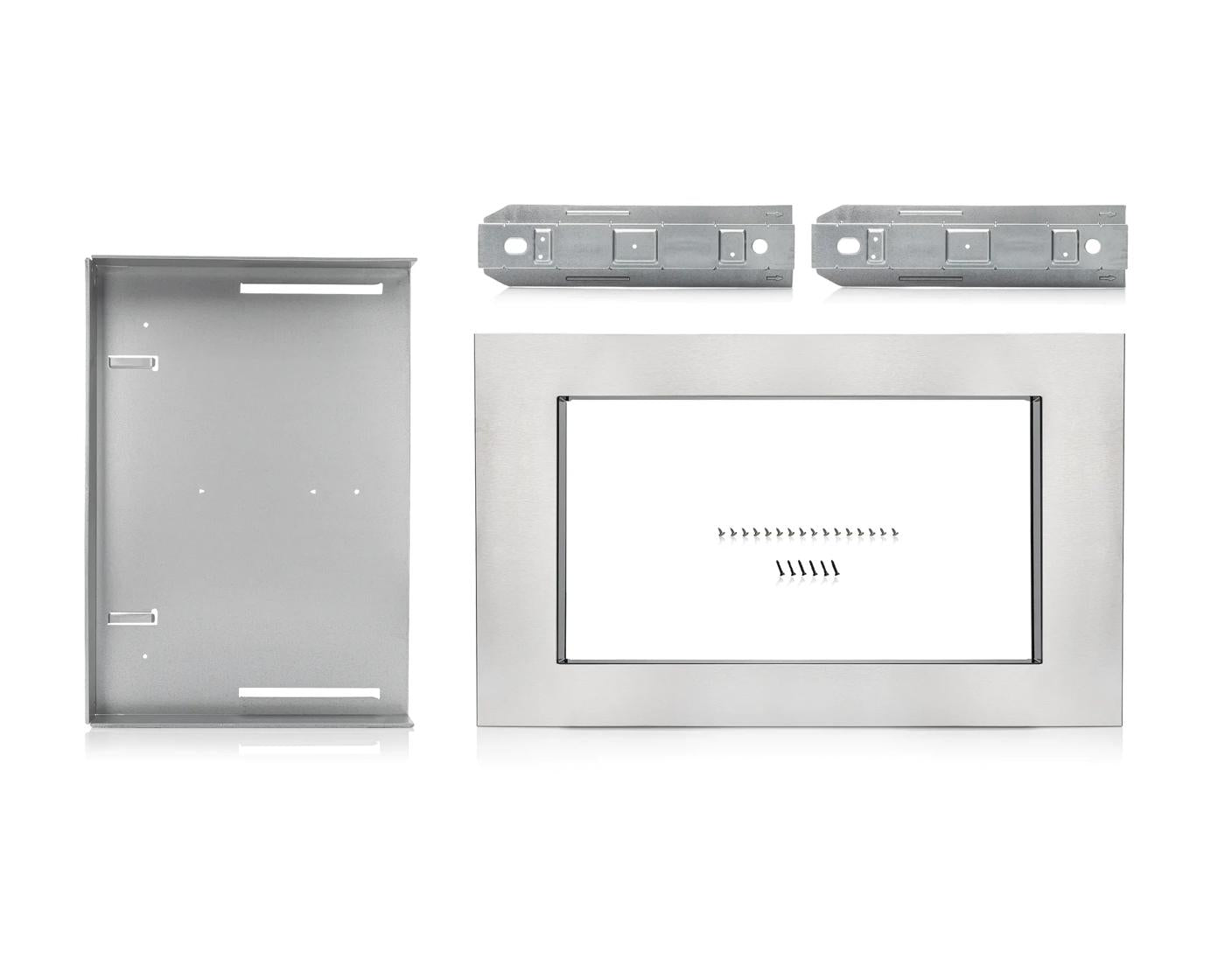 Stainless steel trim kit with mounting brackets and screws for built-in microwave installation in kitchen appliance parts collection