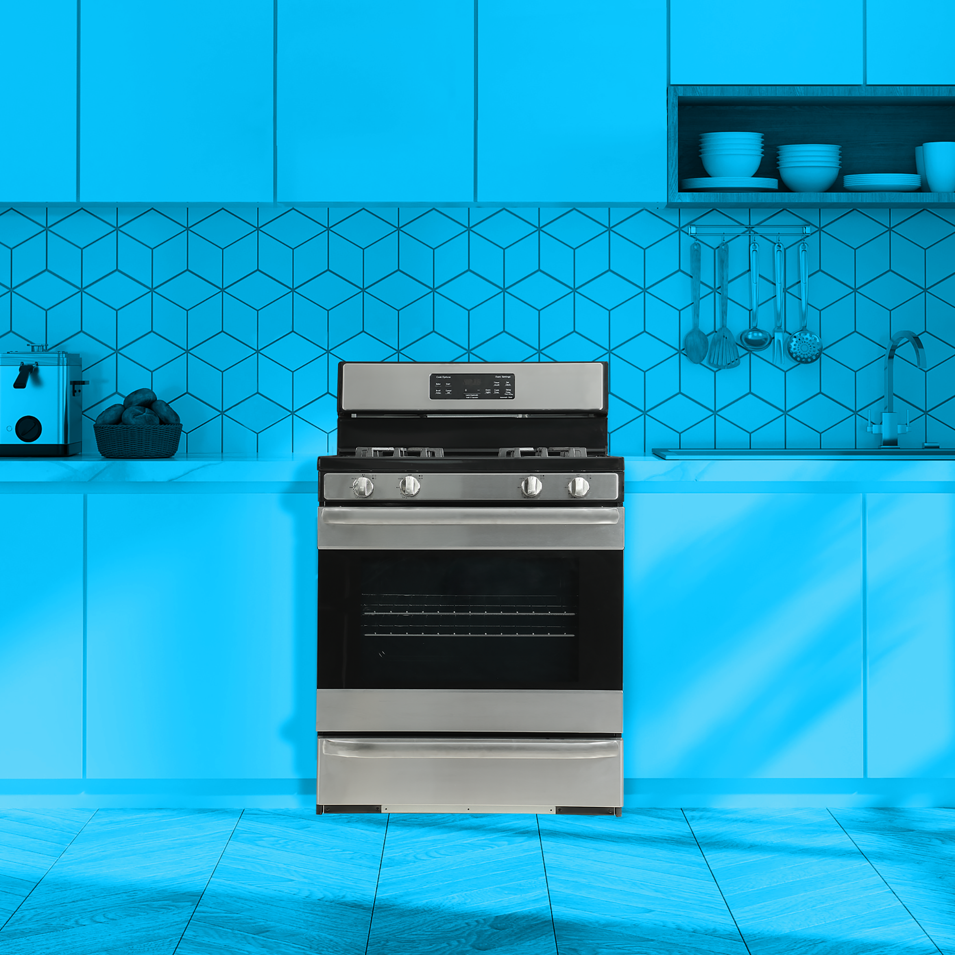 Stainless steel gas range with four burners, digital display, and large oven window in Ranges and Kitchen & Kitchenware collections