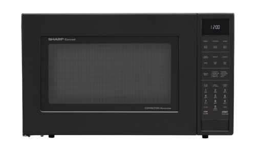 Black countertop microwave oven with digital display and control panel, featured in kitchen appliances collection