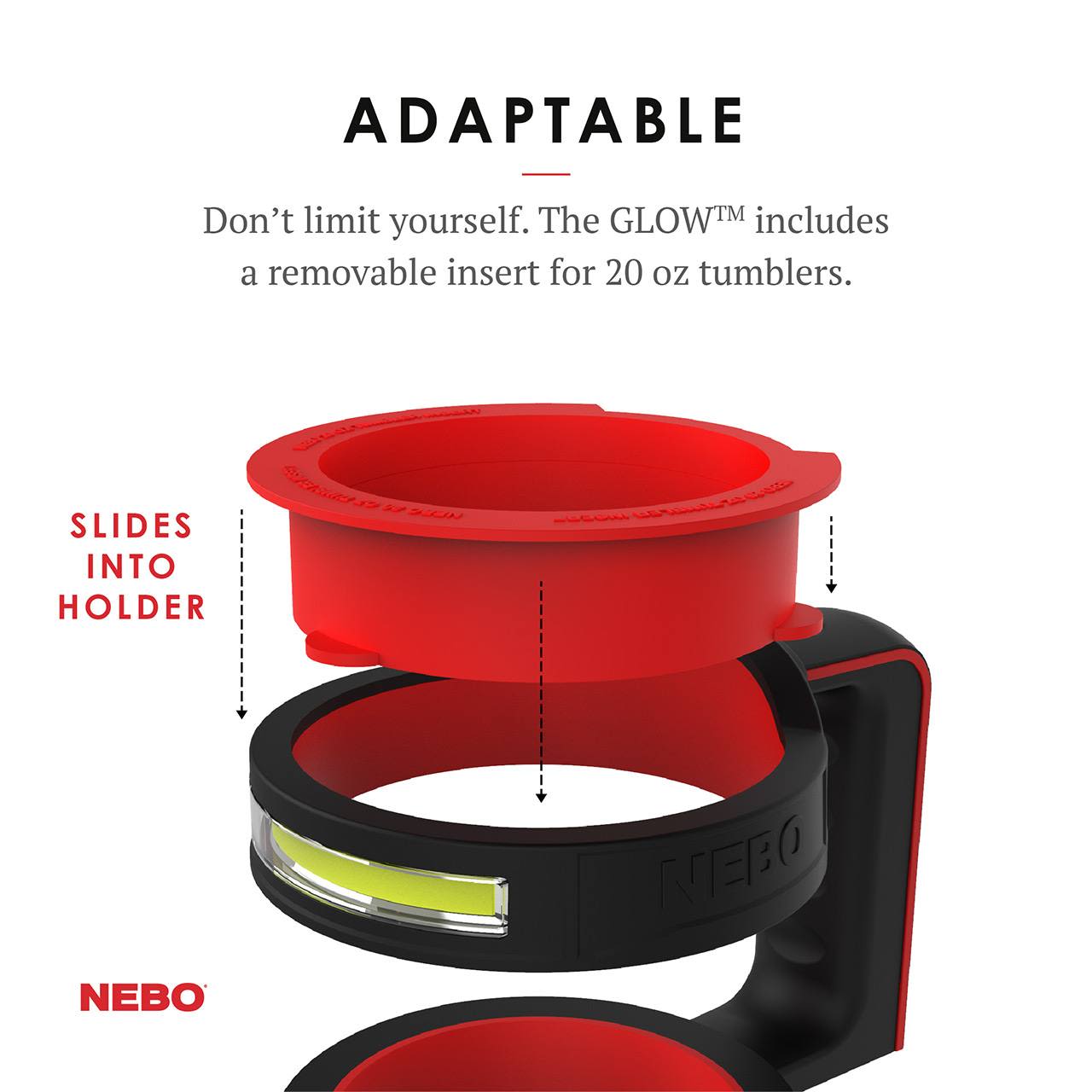 Red removable insert and black rubberized ring with LED light for adapting 20 oz tumblers in woodworking tools collections