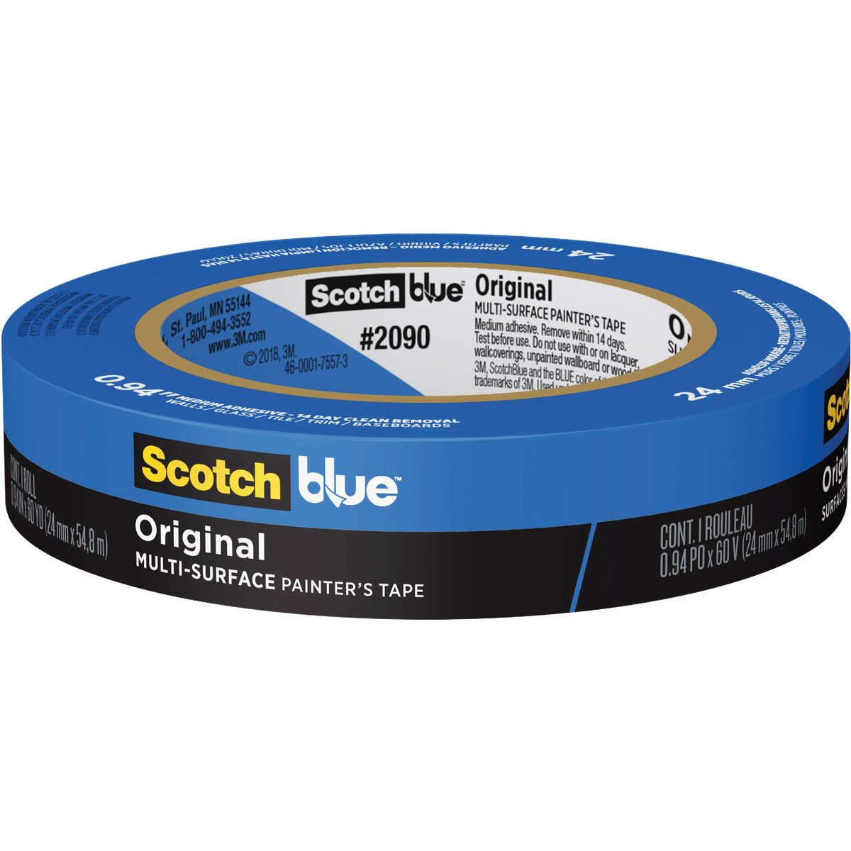 Roll of blue Scotch multi-surface painter's tape, 0.94 inch wide for clean paint lines in home improvement projects