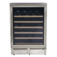 Stainless steel wine cooler with glass door and wooden shelves, 51-bottle capacity for kitchen appliances collection