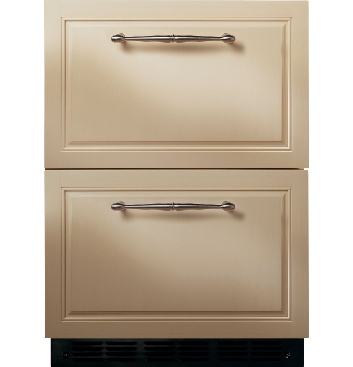 Beige panel-ready double-drawer refrigerator with metal handles, part of refrigerators and kitchen appliances collection