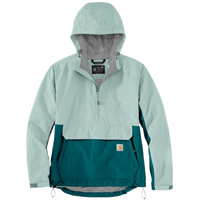 Women's lightweight nylon rain anorak with adjustable hood in shaded spruce and blue surf colors for outerwear collections