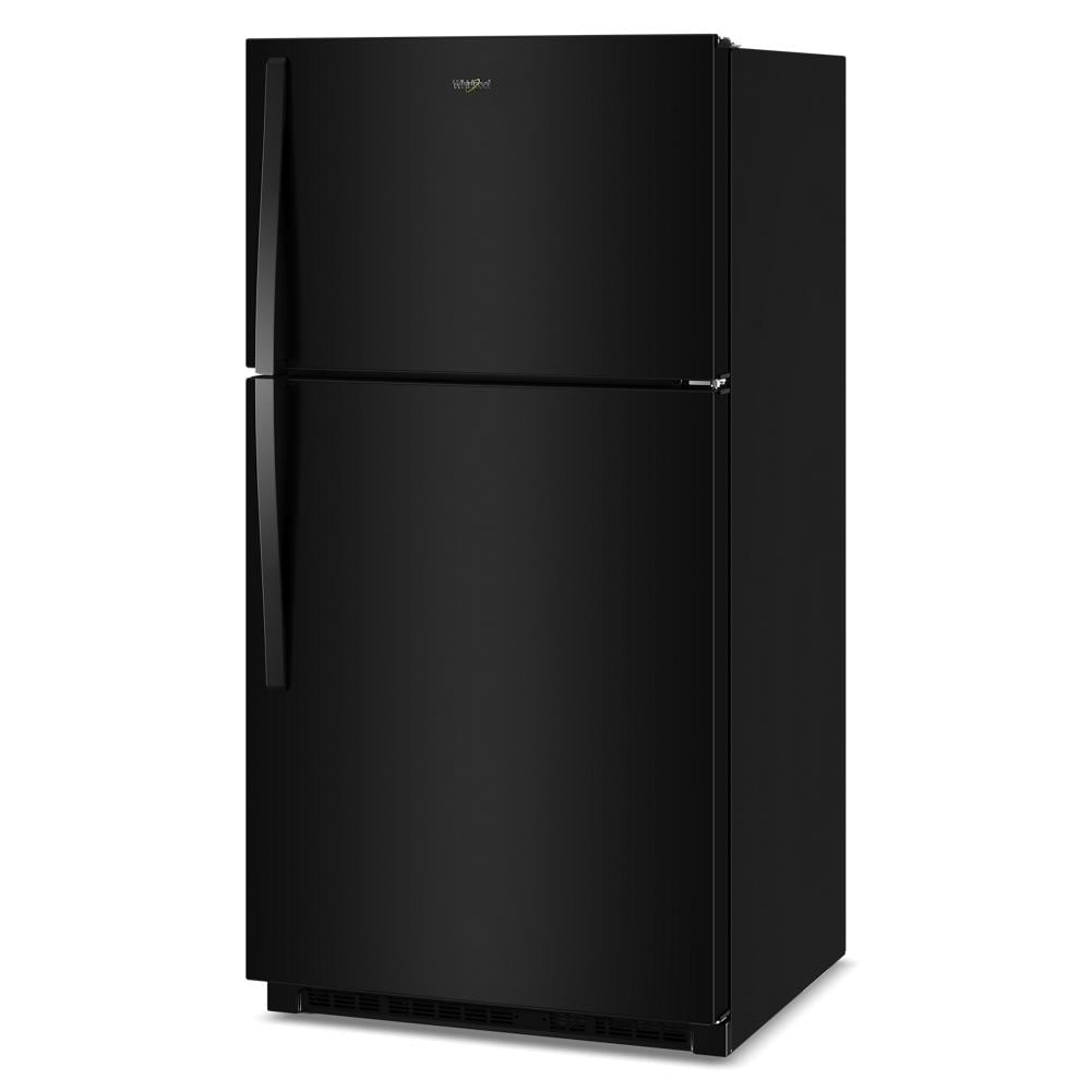 Sleek black top freezer refrigerator with curved handles and Whirlpool logo, part of Refrigerators, Top Freezer Refrigerators, Kitchen & Kitchenware, Appliances collections.