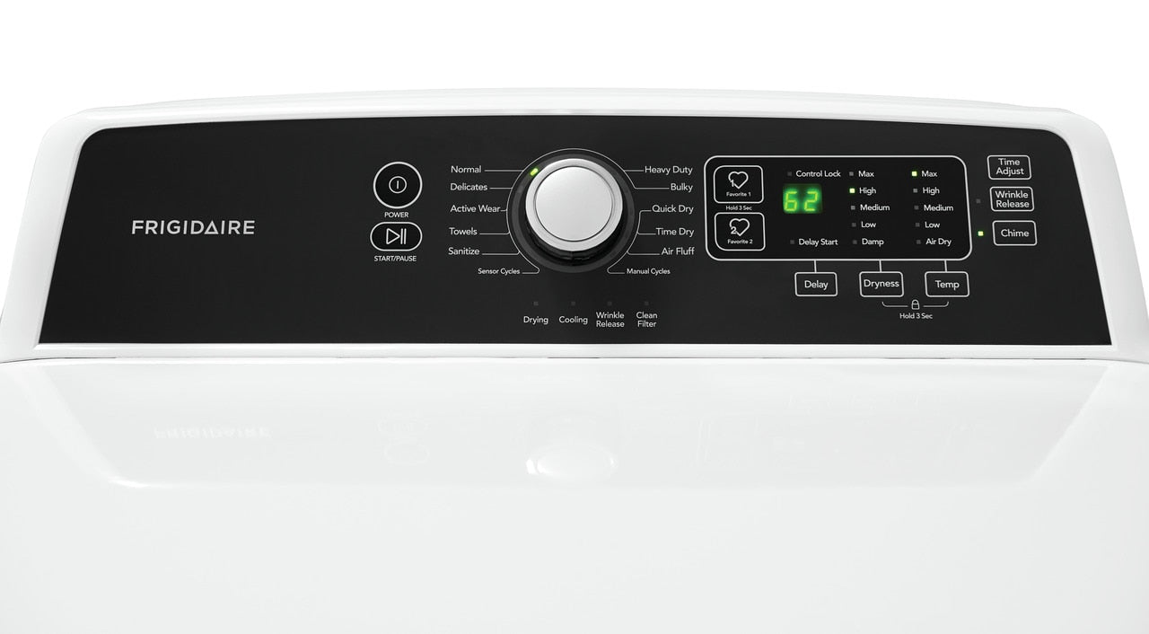 Control panel close-up of white large capacity gas dryer with digital display from dryers and appliances collection