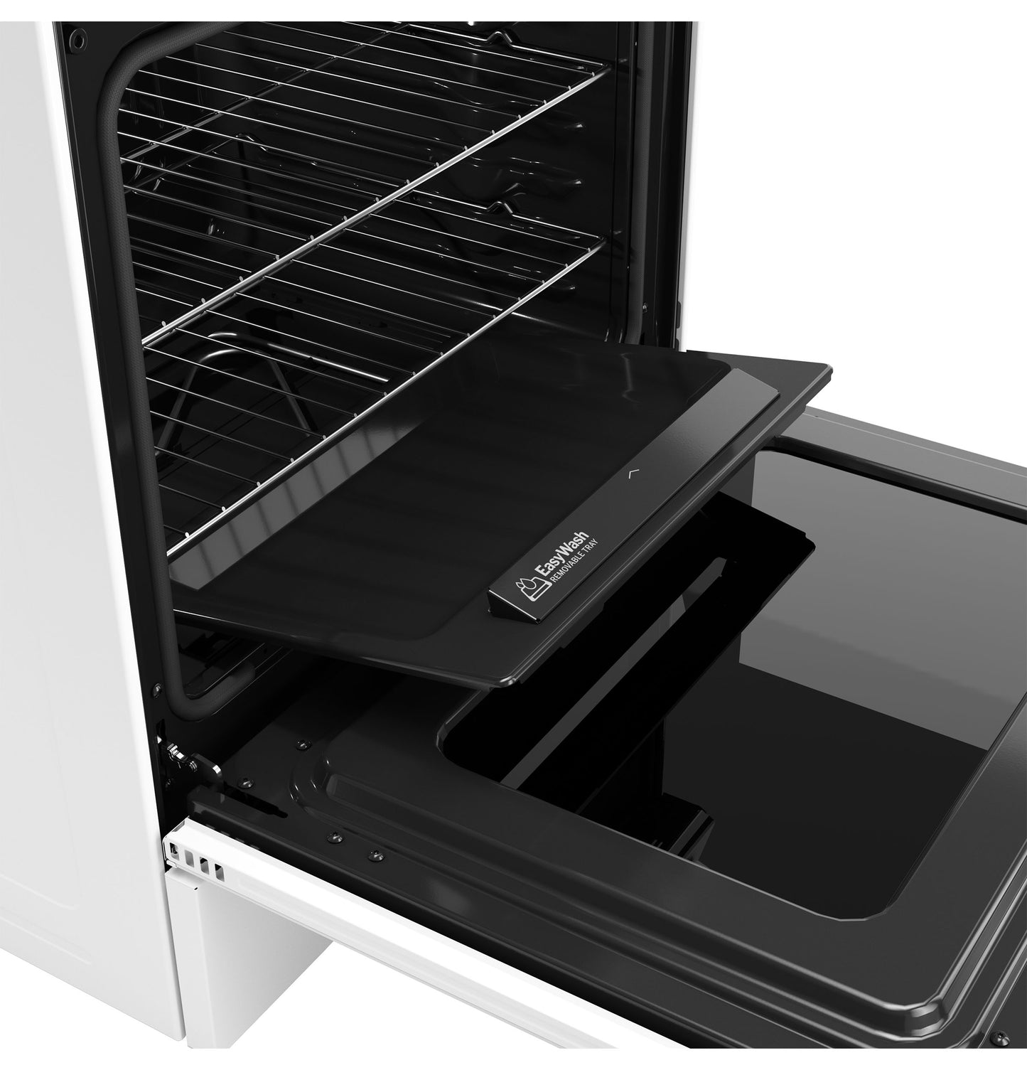 Open electric convection oven showing EasyWash oven tray sliding out on clean white range from Ranges collection