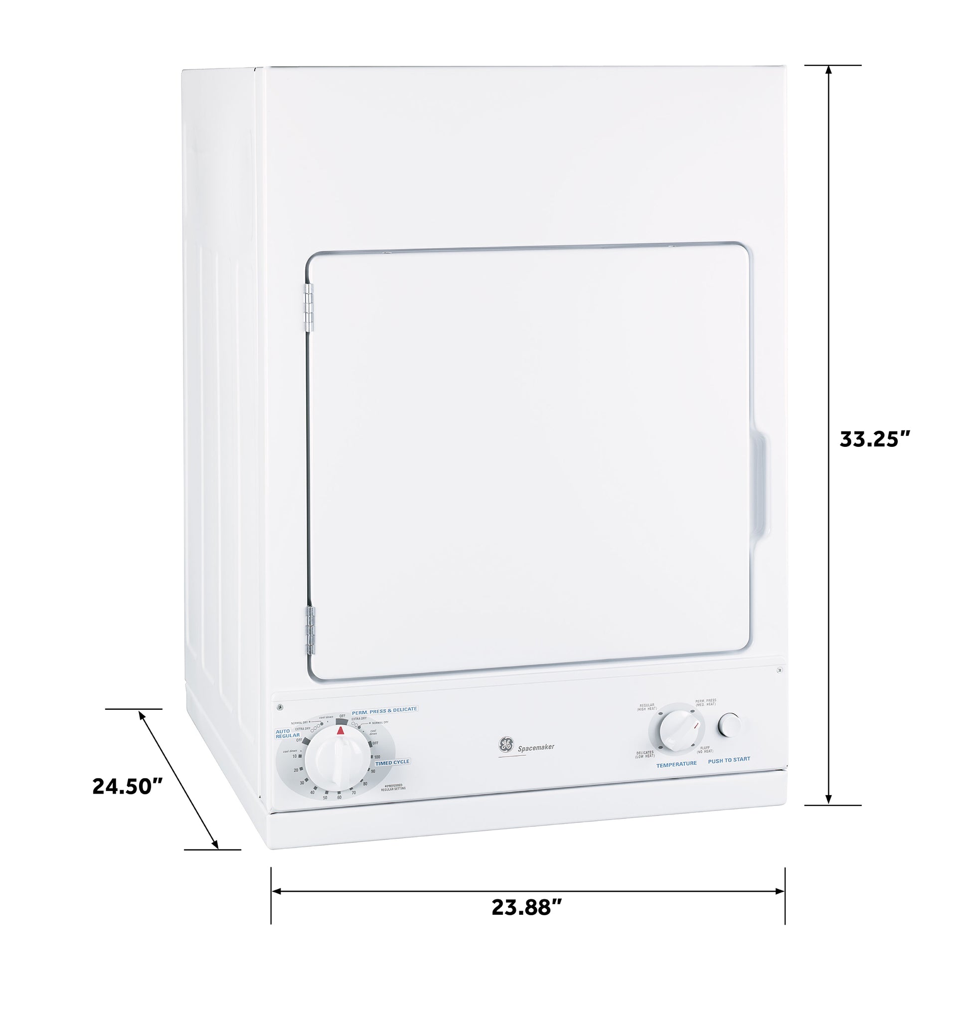 White stationary electric dryer with front door, cycle and temperature dials, shown with height, width, and depth measurements