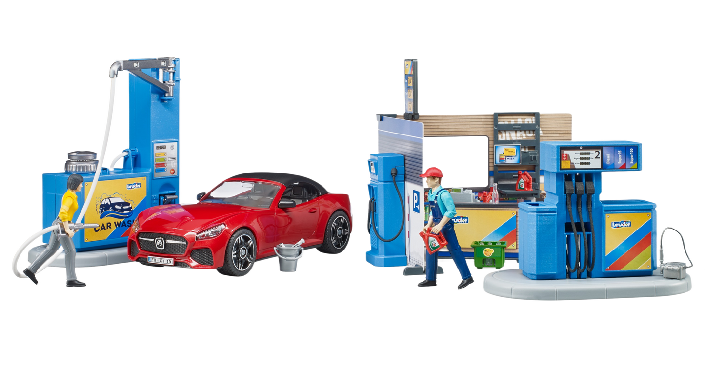Blue and yellow Bruder Bworld gas station and car wash set with red toy sports car and two human figurines accessory