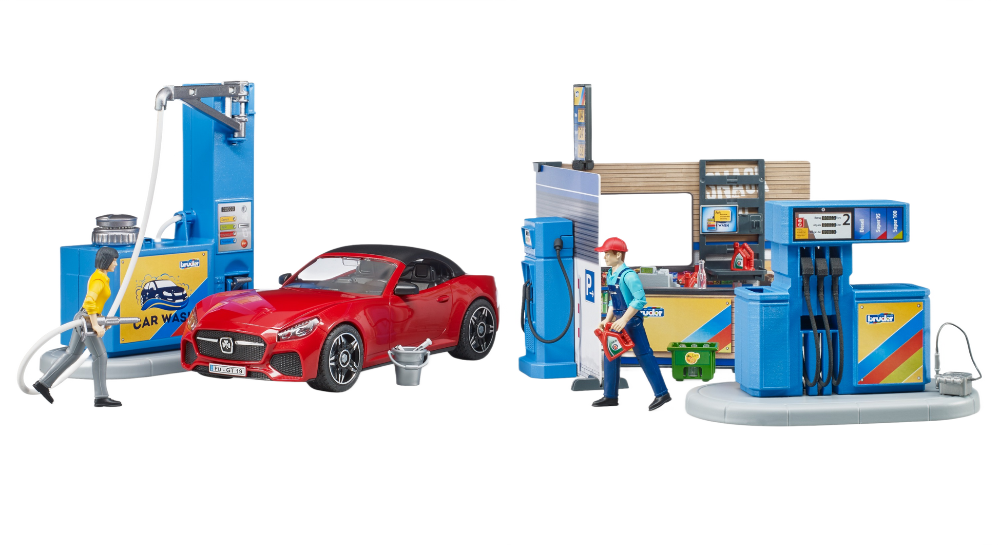 Blue and yellow Bruder Bworld gas station and car wash set with red toy sports car and two human figurines accessory