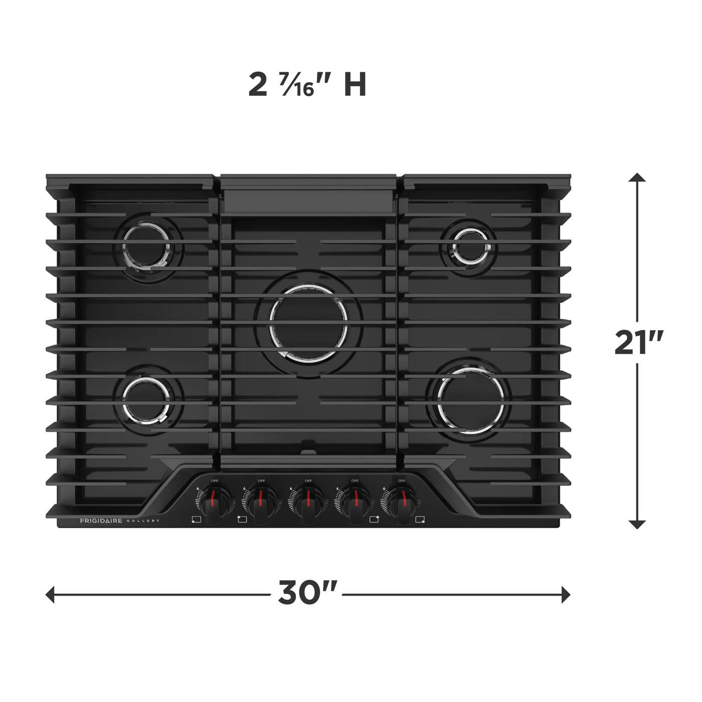 Black 30-inch gas cooktop with five burners, continuous grates, and control knobs in modern kitchenware setting
