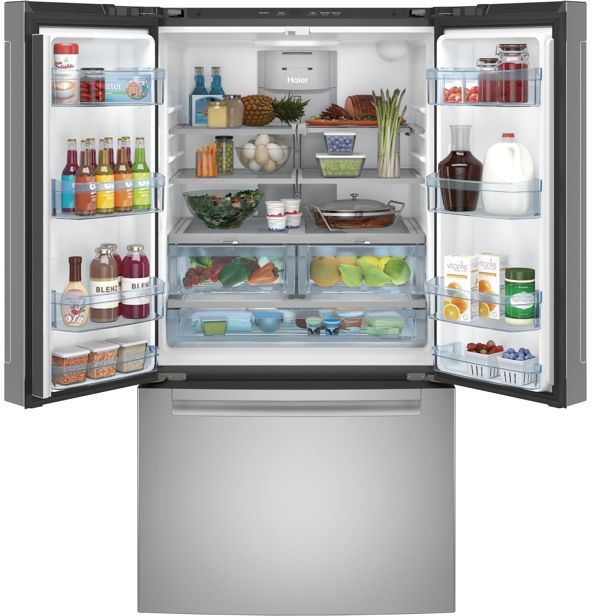 Open stainless steel French-door refrigerator with organized fresh produce, beverages, and food in kitchen appliances collection