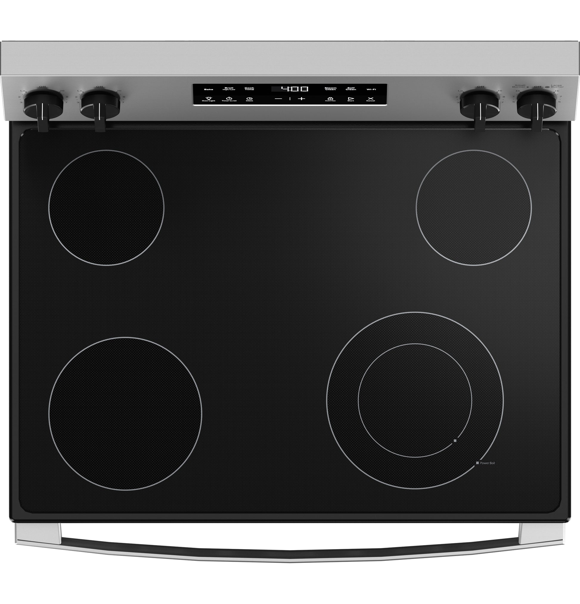 Black smooth-top electric range with four burners, stainless steel control panel, and digital display in kitchen appliances collections