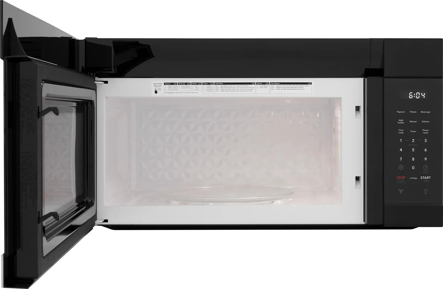 Black over-the-range microwave with open door, digital control panel, and glass turntable for kitchen appliances collections