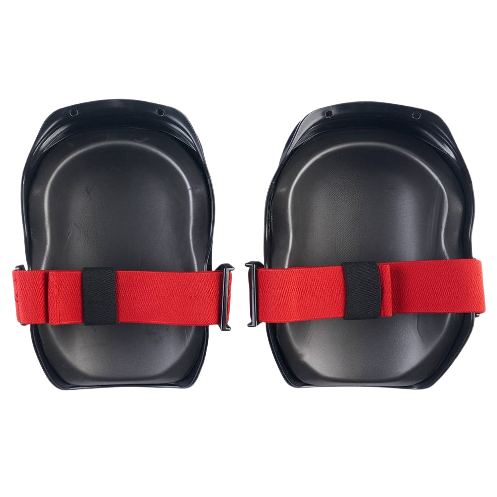 Pair of black hard-shell knee pads with wide red adjustable straps designed for comfort and protection in home improvement tasks